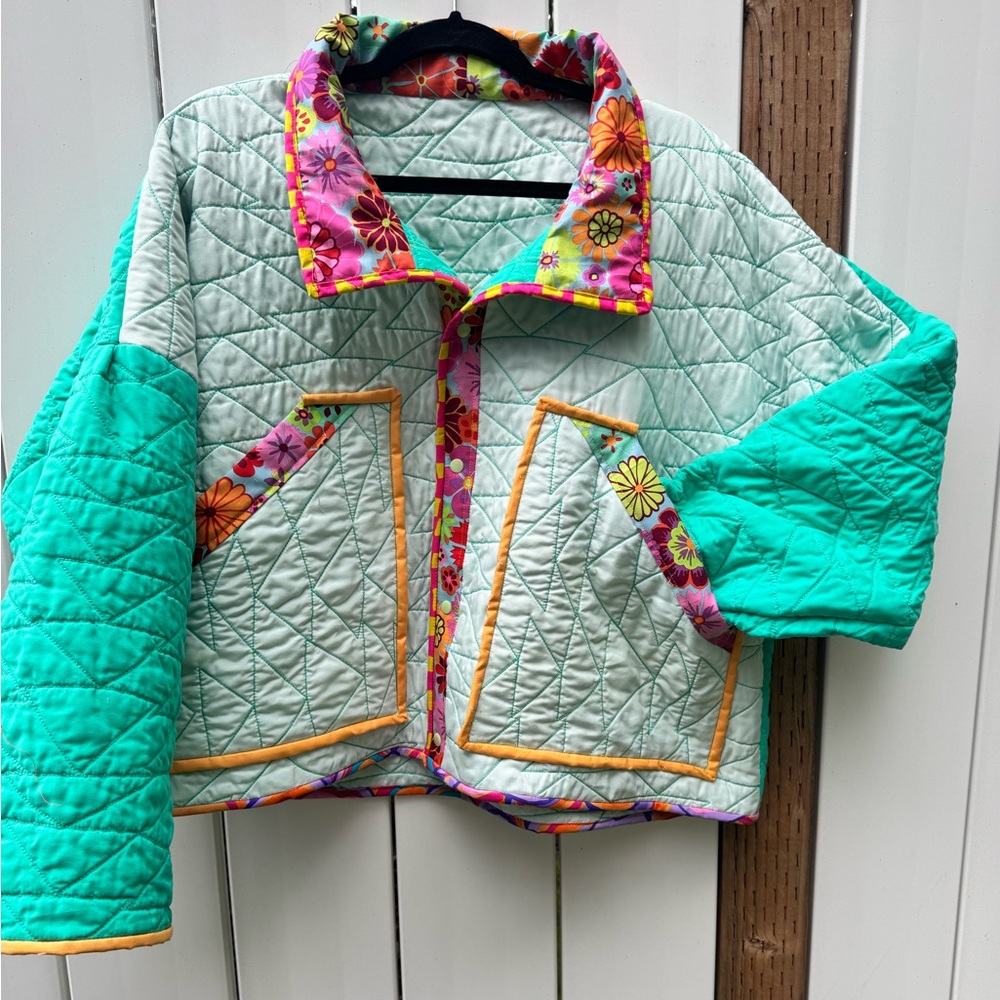 Floral Patchwork Quilted Jacket - Green and Multicolor